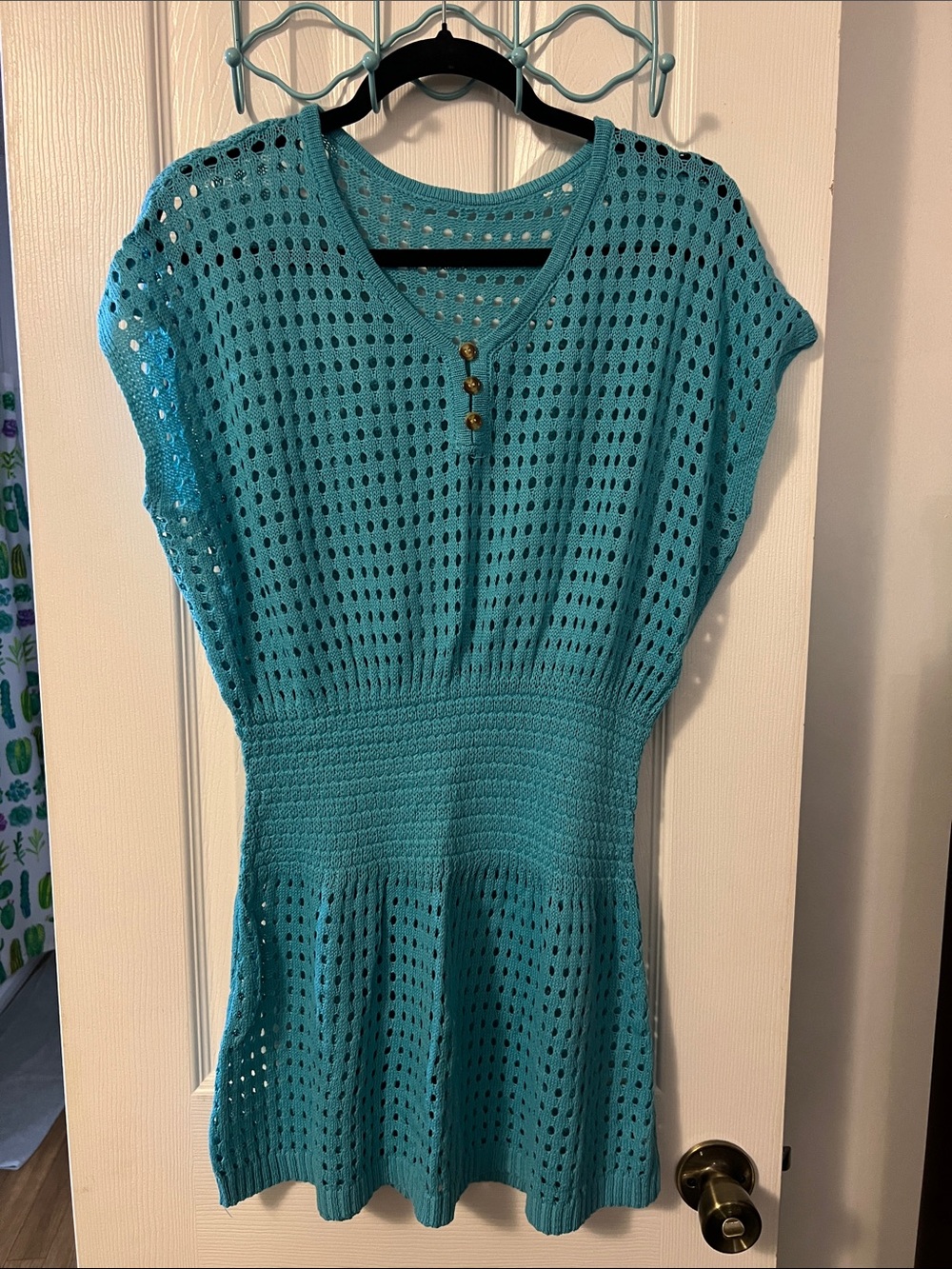 Aqua Crochet Knit Tunic with Button Accent